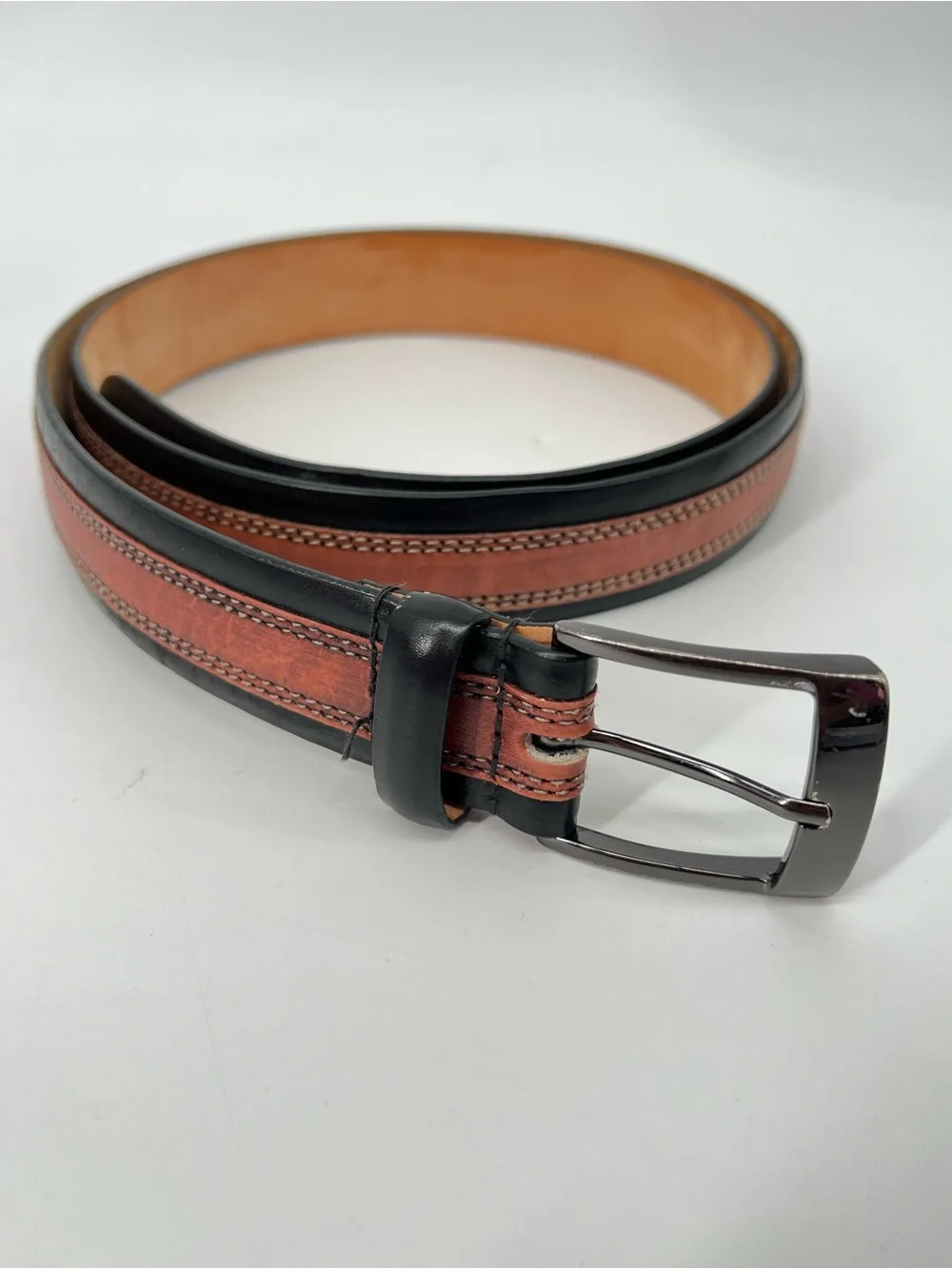 Two-Tone Brown Black Men’s Leather Belt with Polished Buckle 48 Paul Frederick
